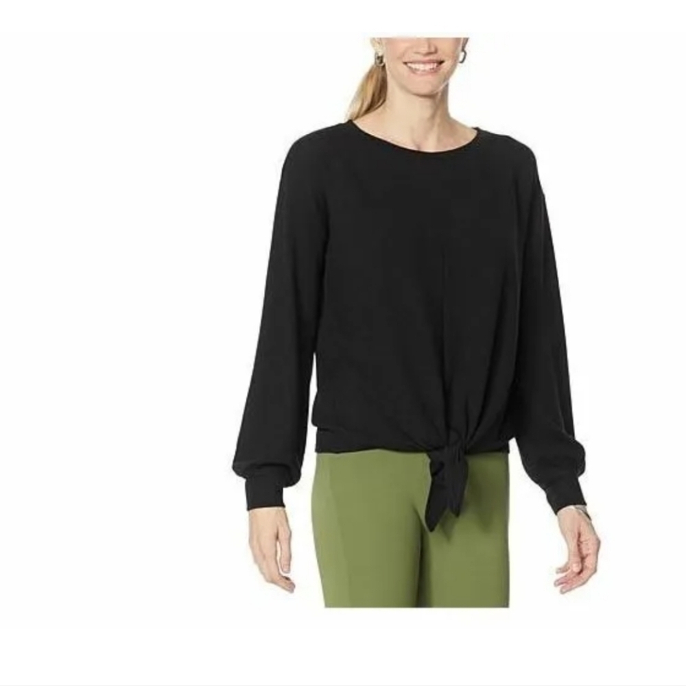 TAHARI ASL BLACK LONG SLEEVE BLOUSE TIE WAIST KEYHOLE BACK XSMALL